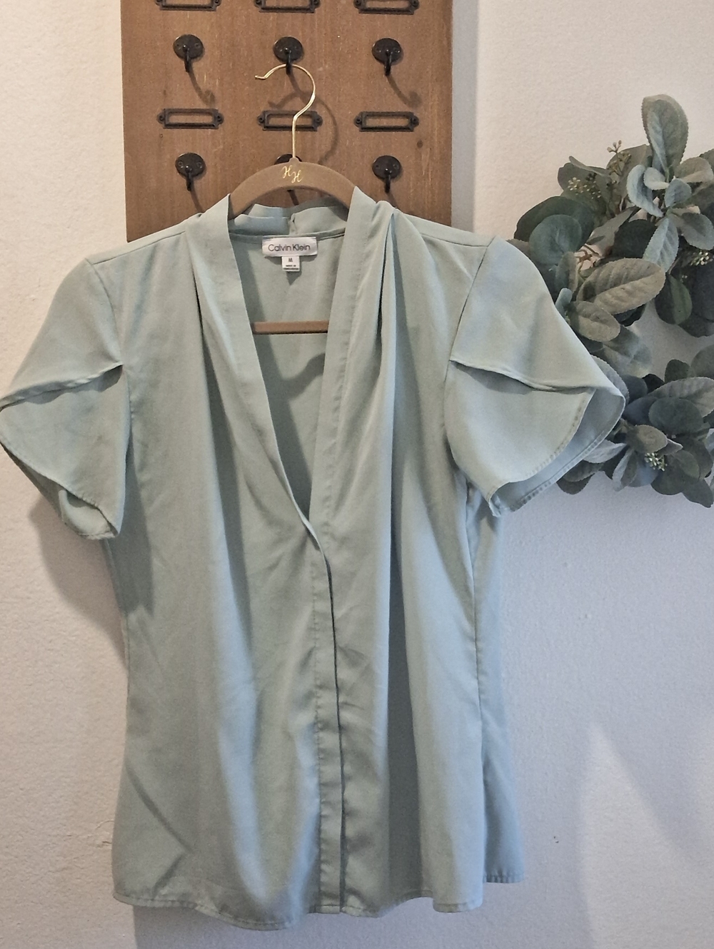 Calvin Klein Sage Green V-Neck Flutter Sleeve Blouse